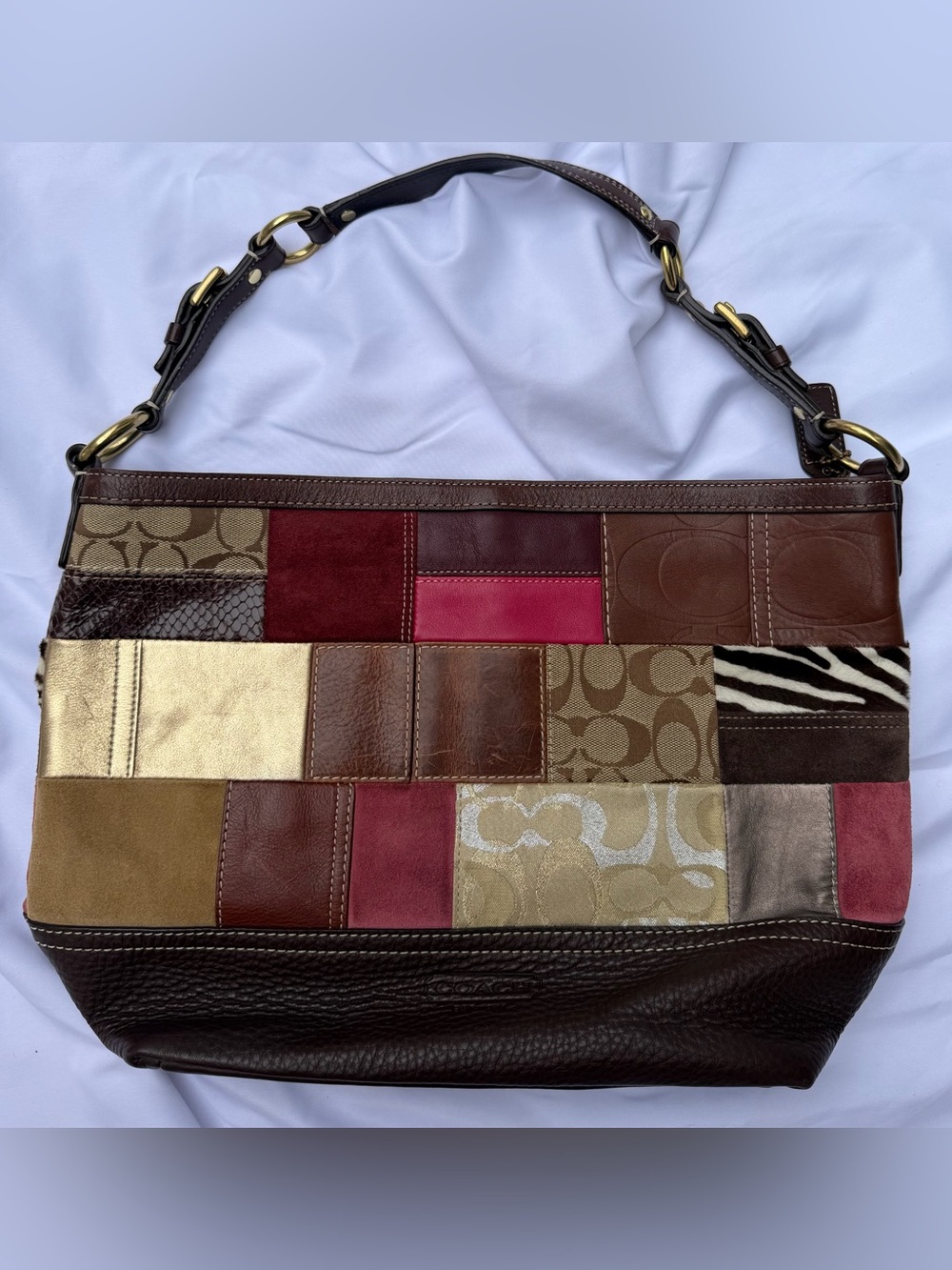 Vintage Coach Holiday Patchwork Shoulder Bag in Brown, Pink & Gold